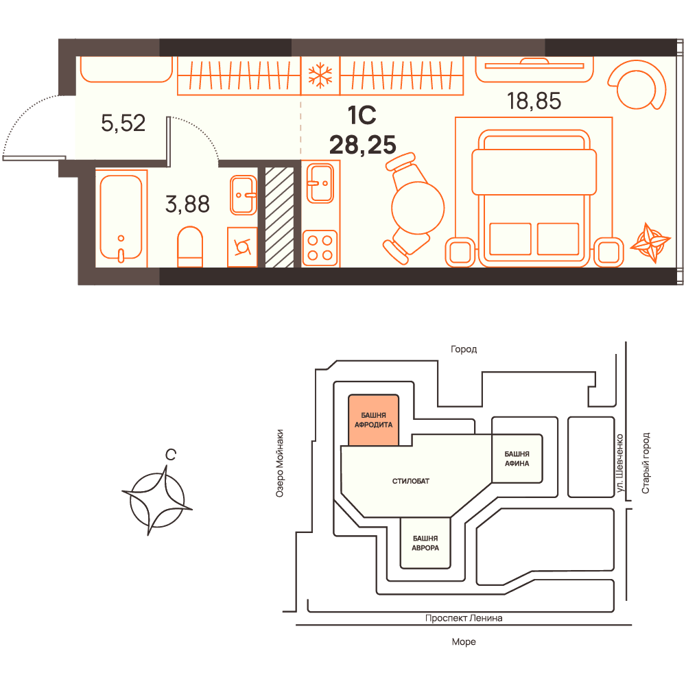 Студия, 28.25 м² · Западный Проспект 82