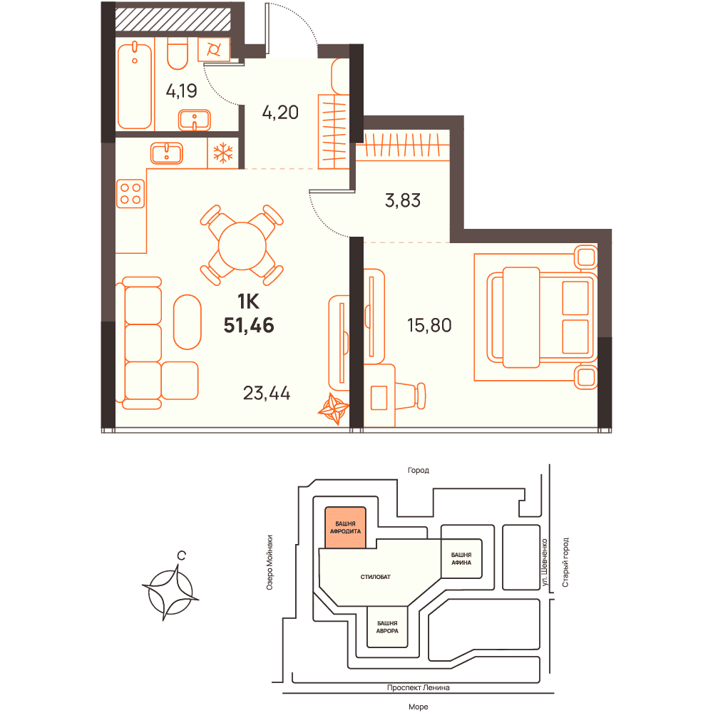 1-к, 51.46 м² · Западный Проспект 82