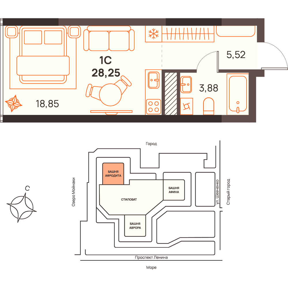 Студия, 28.25 м² · Западный Проспект 82