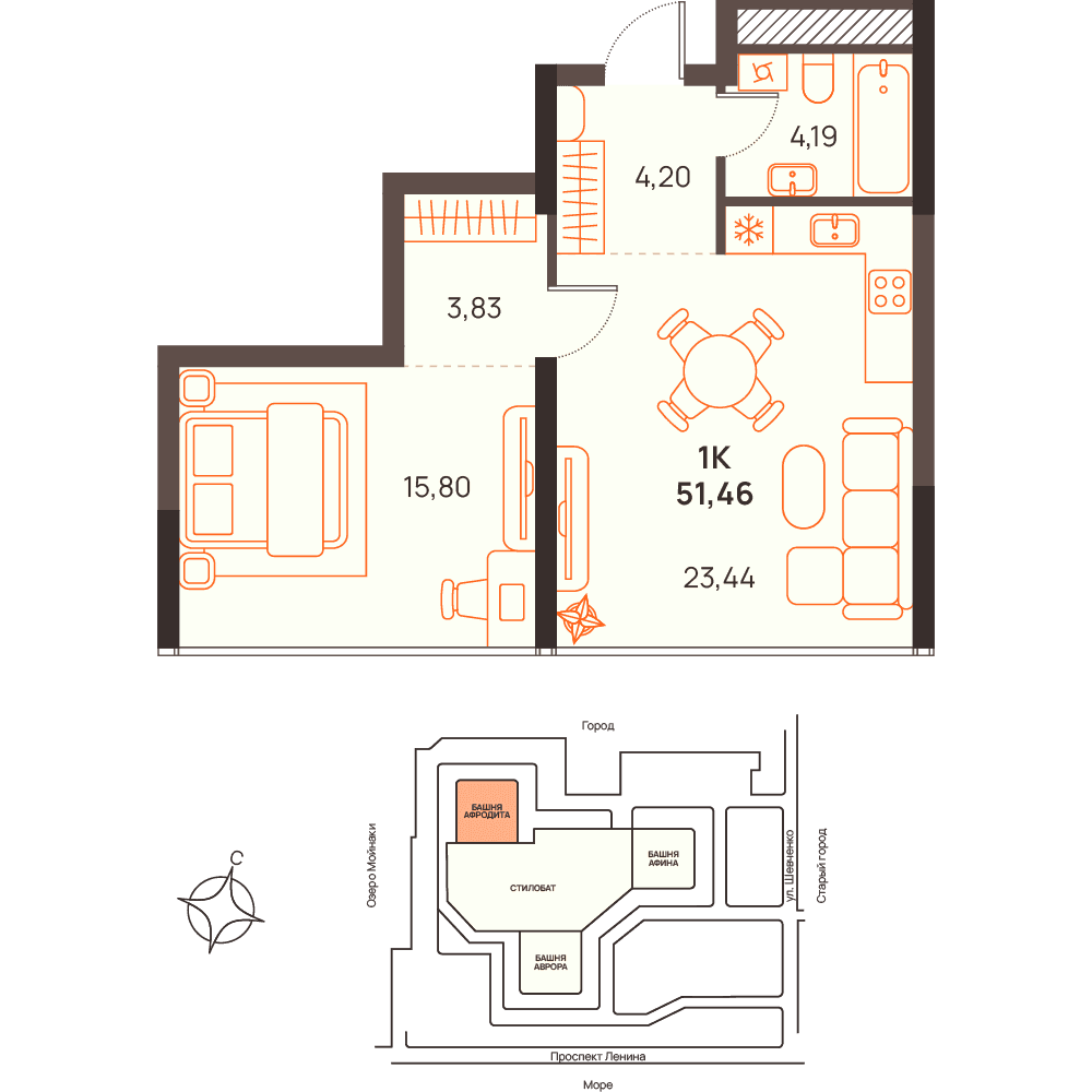 1-к, 51.46 м² · Западный Проспект 82