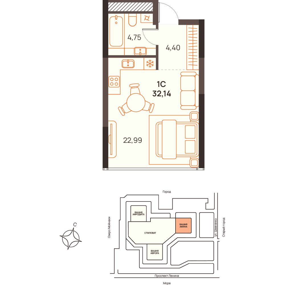 Студия, 32.14 м² · Западный Проспект 82