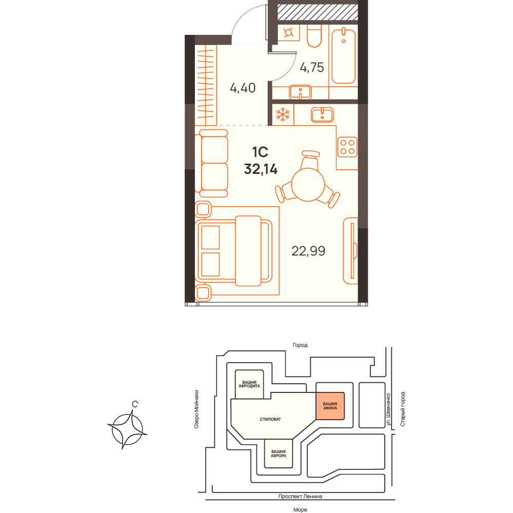 Студия, 32.14 м² · Западный Проспект 82