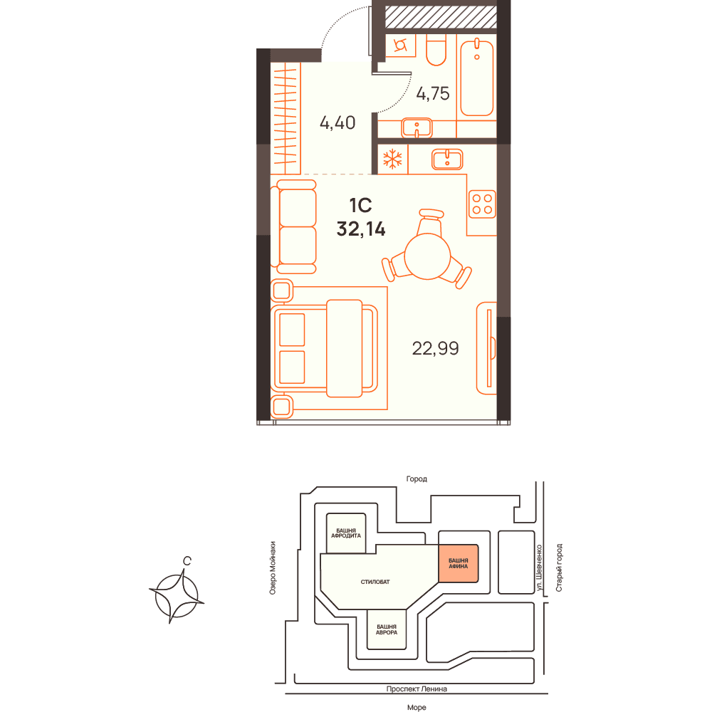 Студия, 32.14 м² · Западный Проспект 82