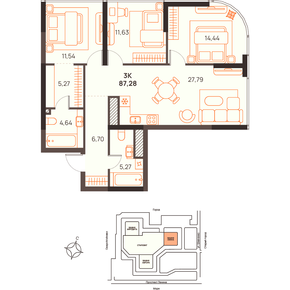 3-к, 87.28 м² · Западный Проспект 82