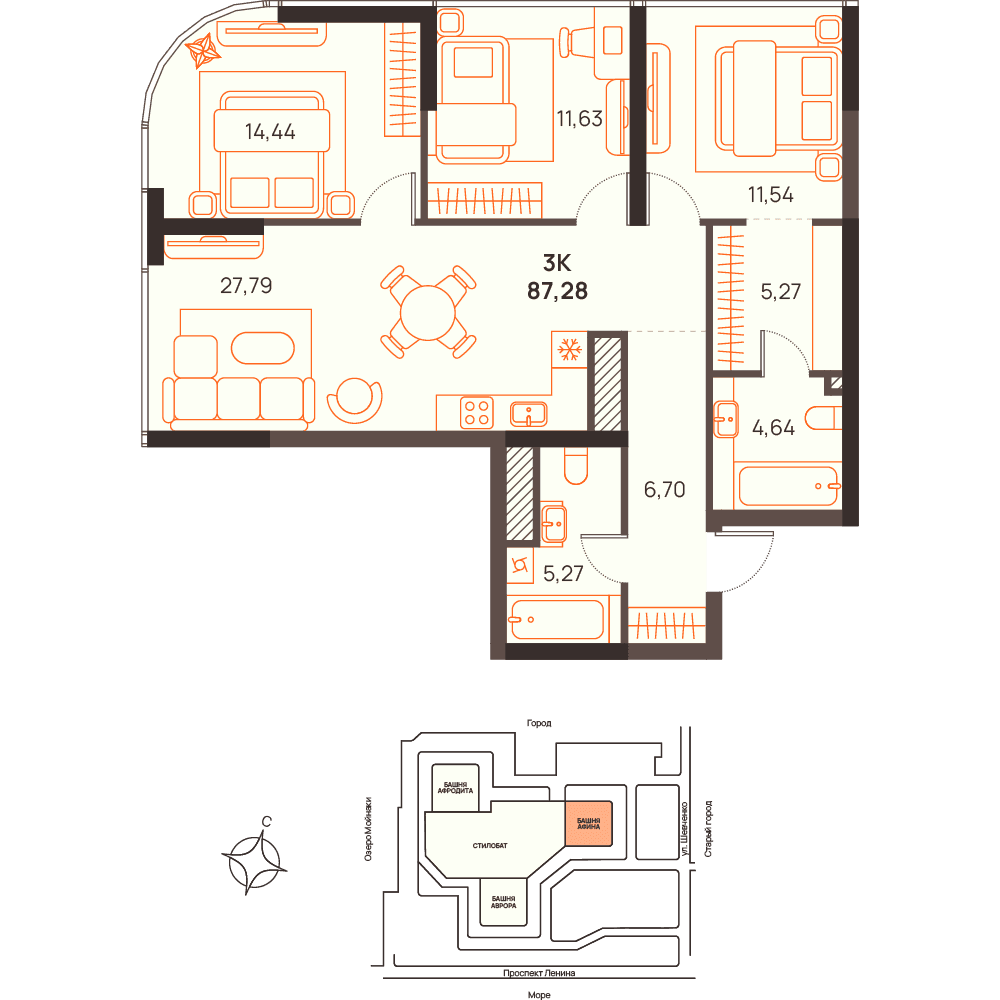 3-к, 87.28 м² · Западный Проспект 82