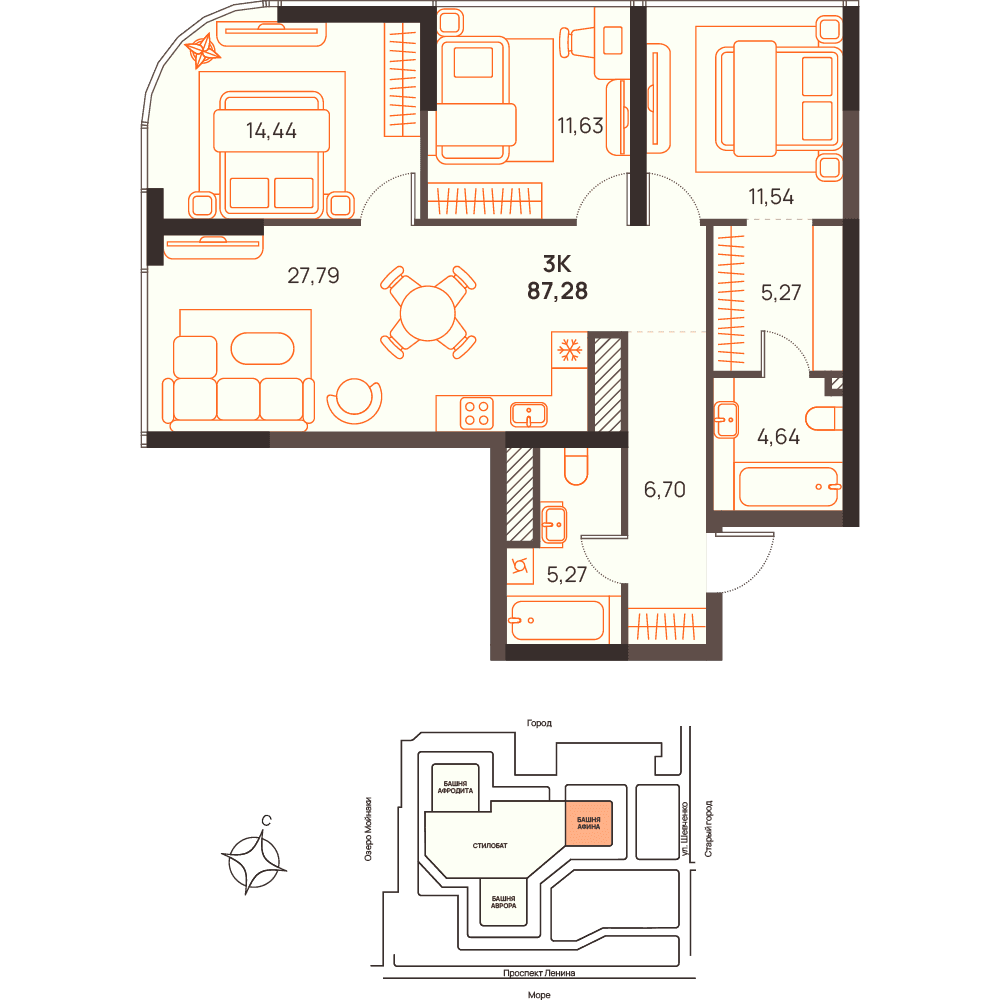 3-к, 87.28 м² · Западный Проспект 82