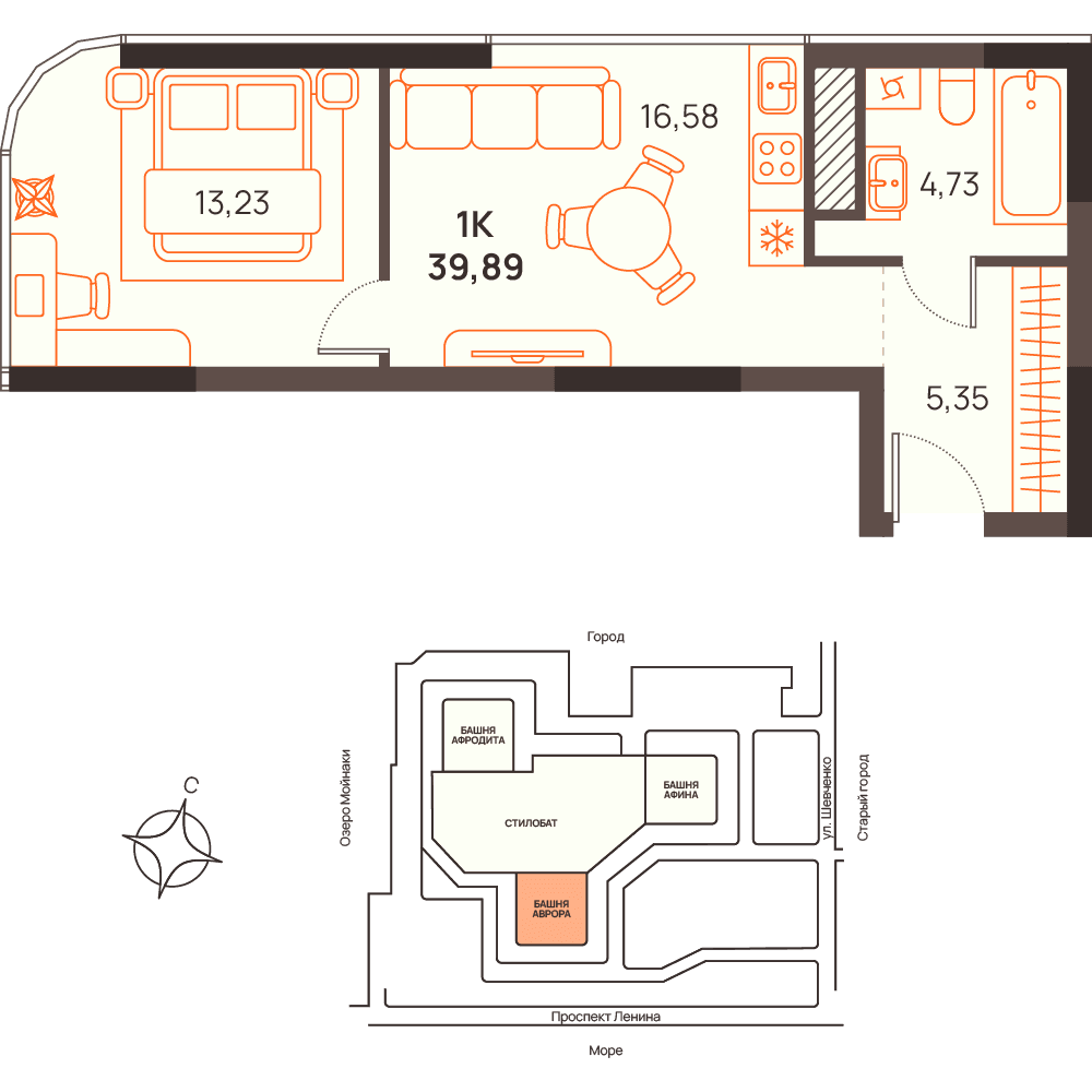 1-к, 39.89 м² · Западный Проспект 82