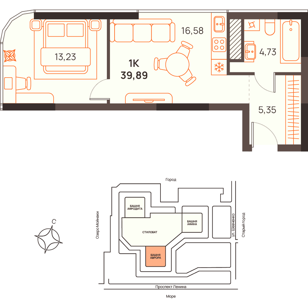 1-к, 39.89 м² · Западный Проспект 82