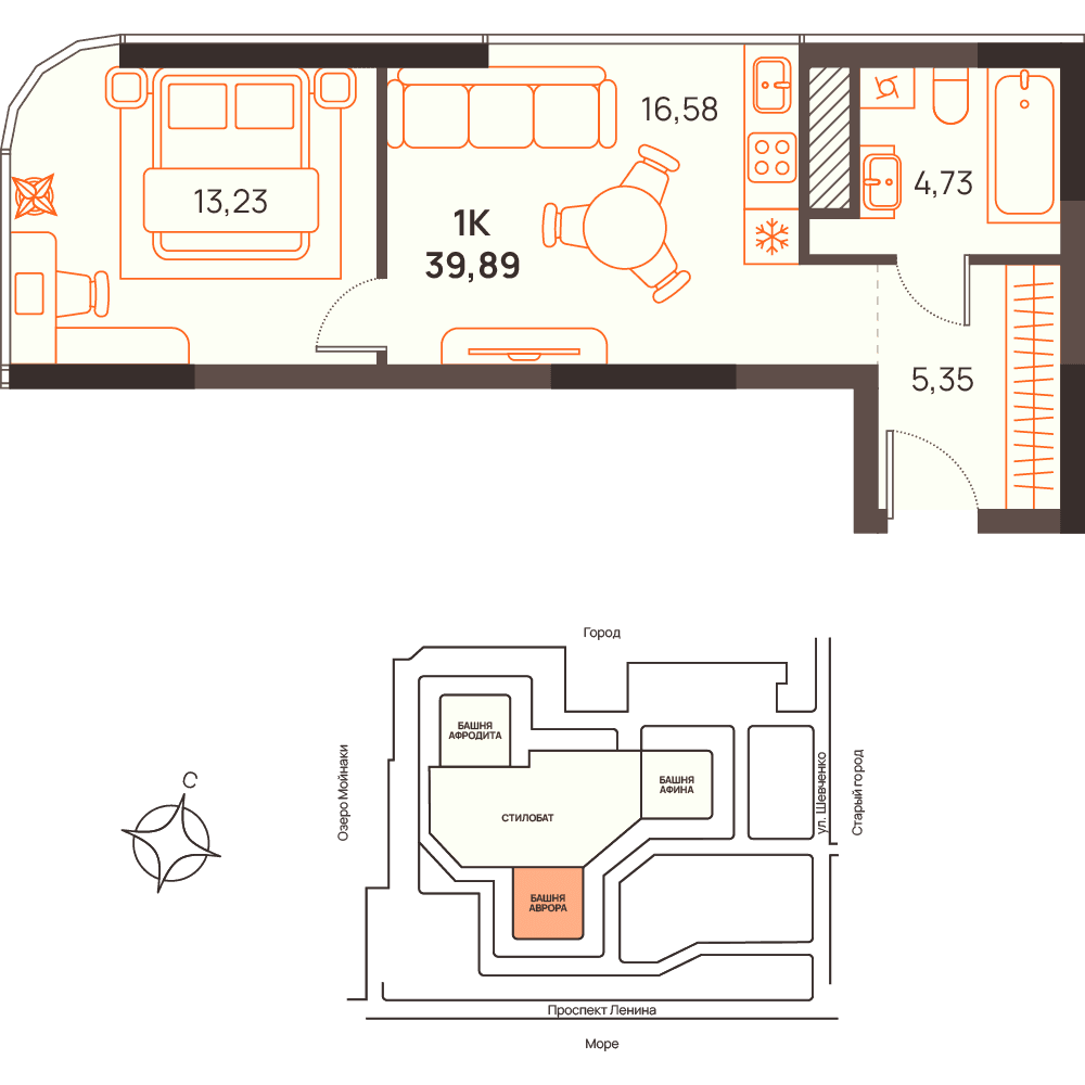 1-к, 39.89 м² · Западный Проспект 82