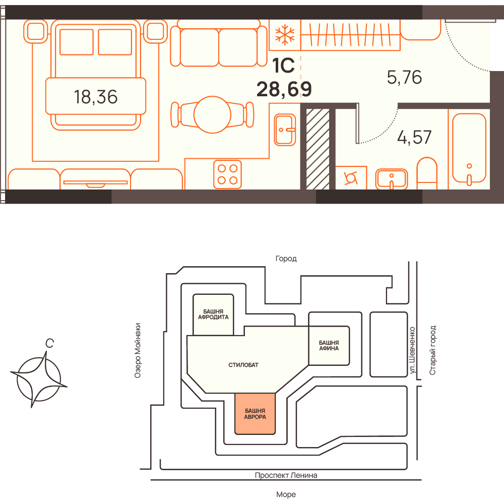 Студия, 28.69 м² · Западный Проспект 82