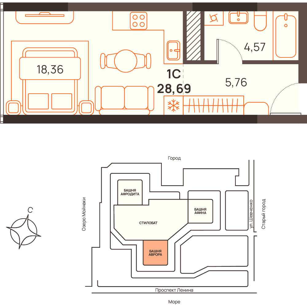 Студия, 28.69 м² · Западный Проспект 82