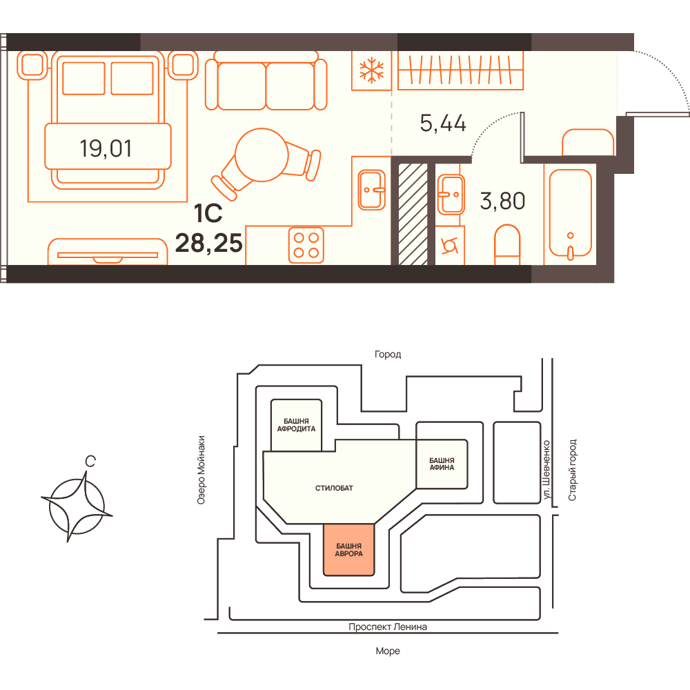 Студия, 28.25 м² · Западный Проспект 82