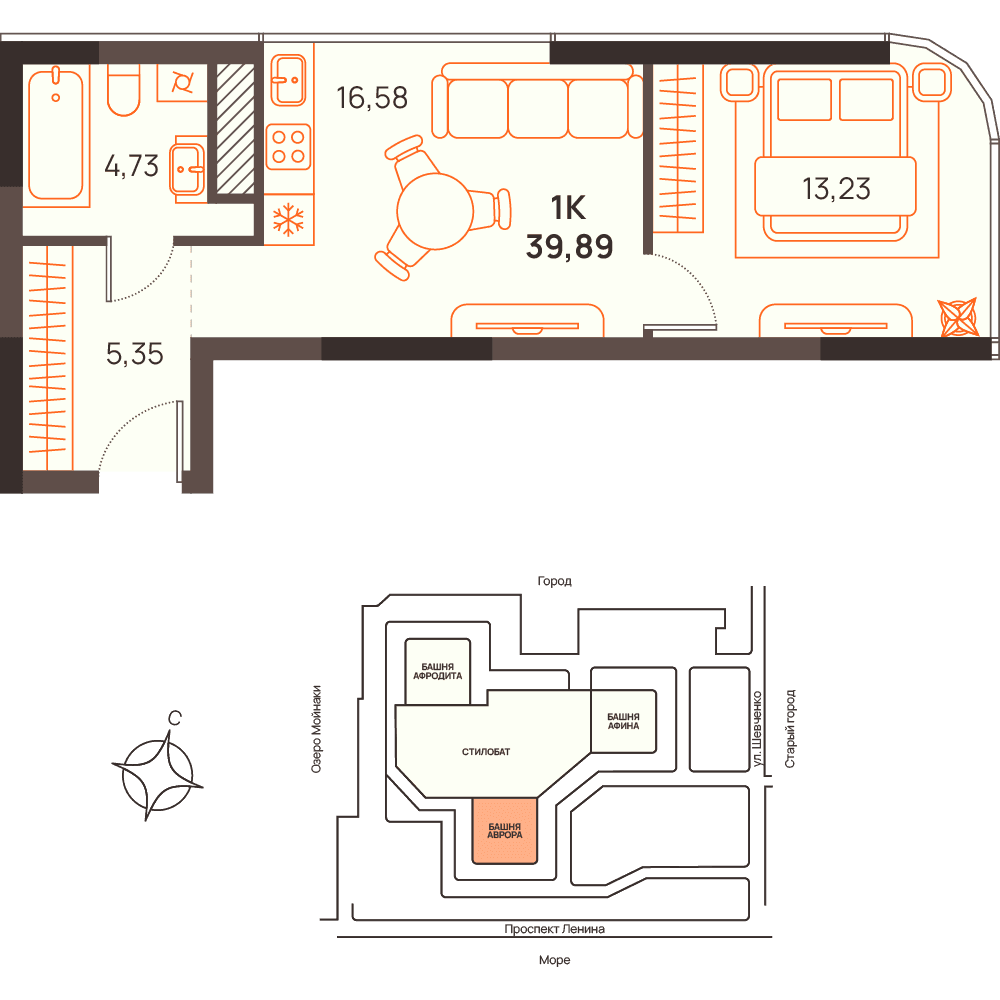 1-к, 39.89 м² · Западный Проспект 82