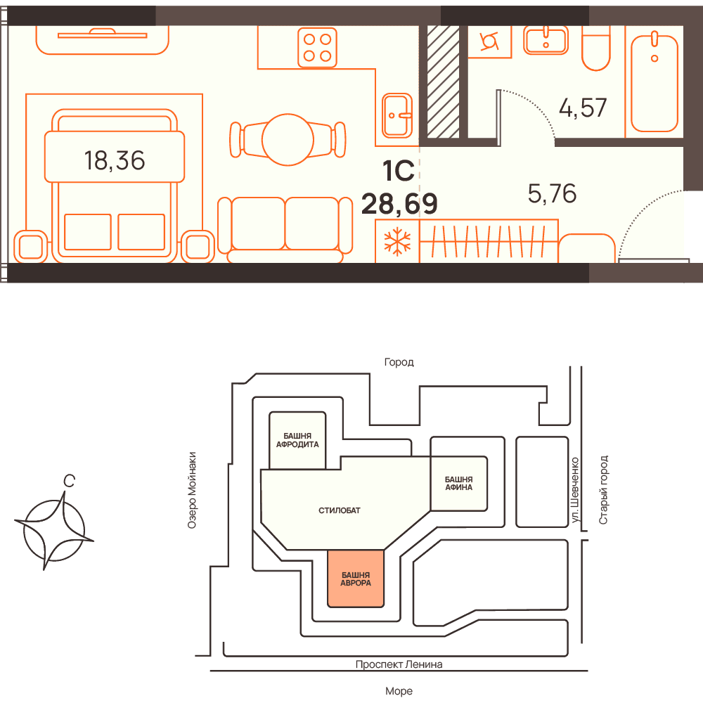 Студия, 28.69 м² · Западный Проспект 82