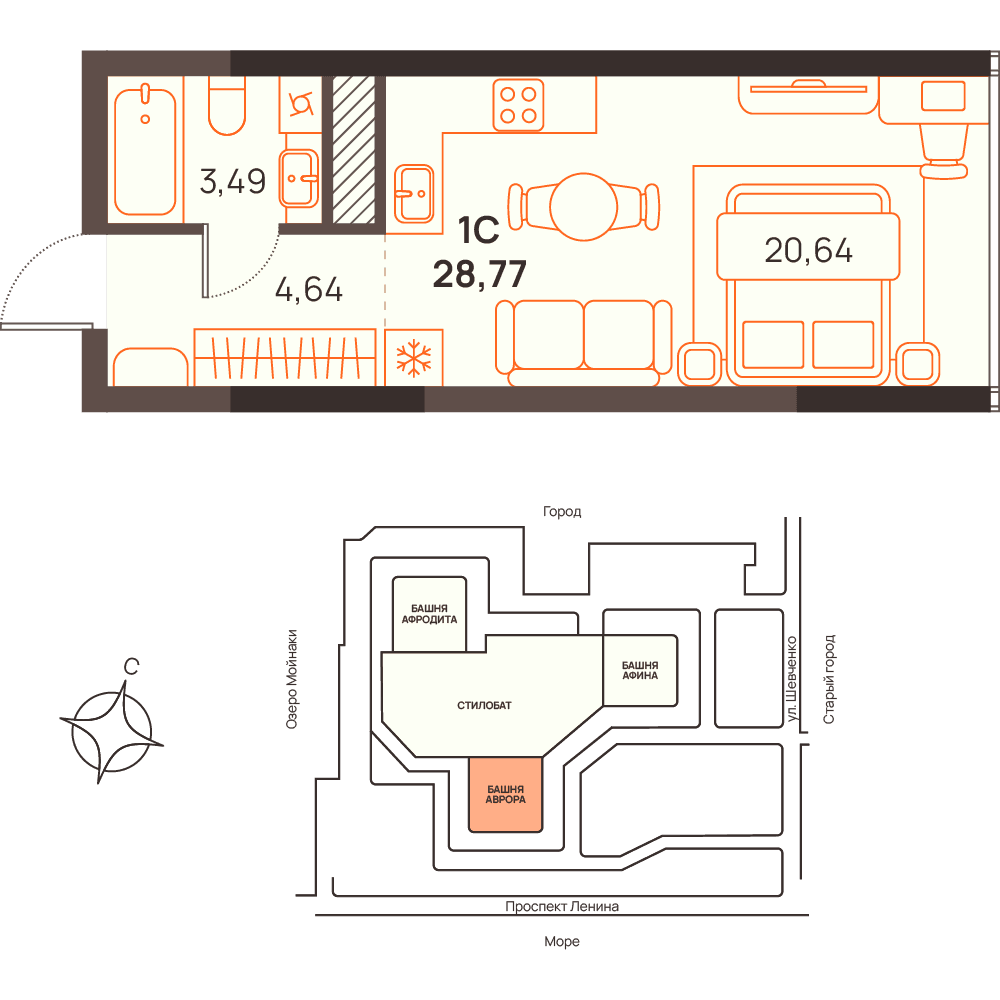 Студия, 28.77 м² · Западный Проспект 82