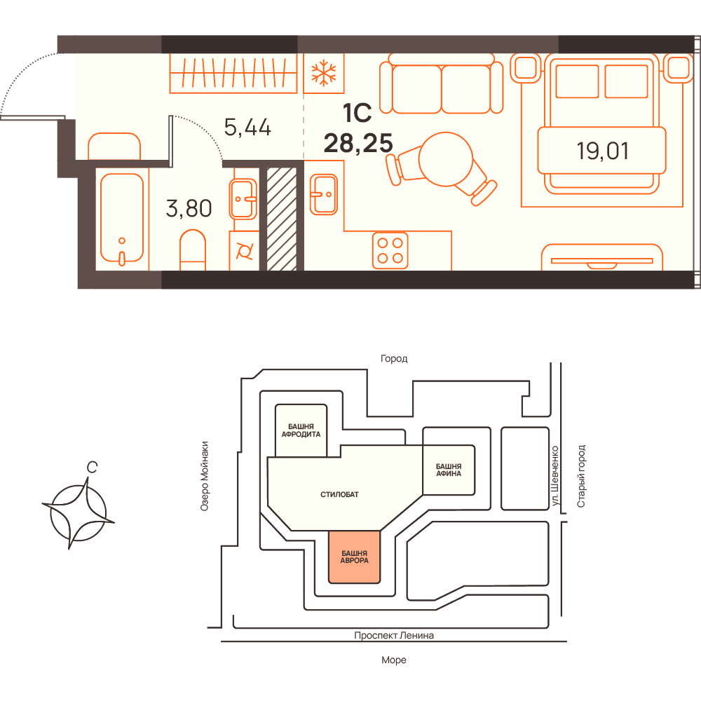 Студия, 28.25 м² · Западный Проспект 82