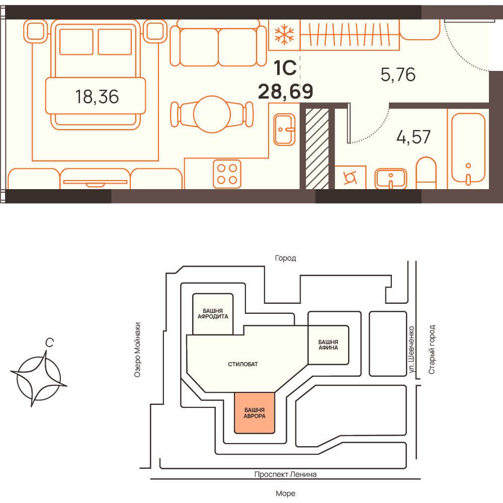 Студия, 28.69 м² · Западный Проспект 82