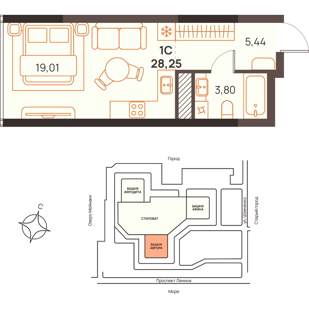 Студия, 28.25 м² · Западный Проспект 82