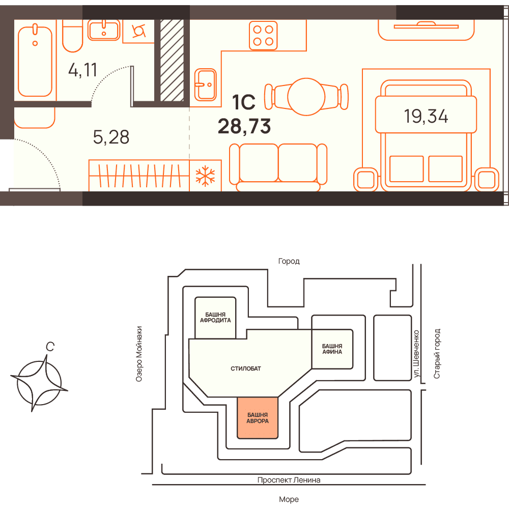 Студия, 28.73 м² · Западный Проспект 82