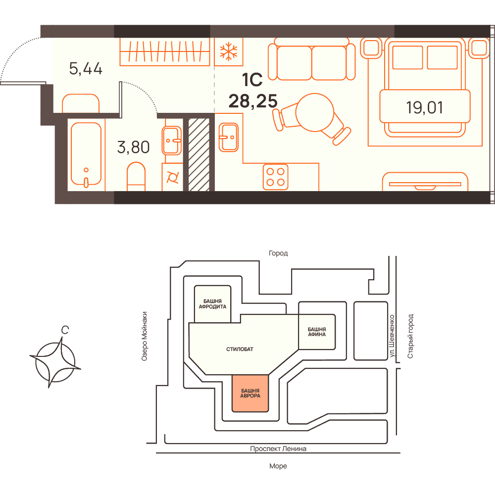 Студия, 28.25 м² · Западный Проспект 82