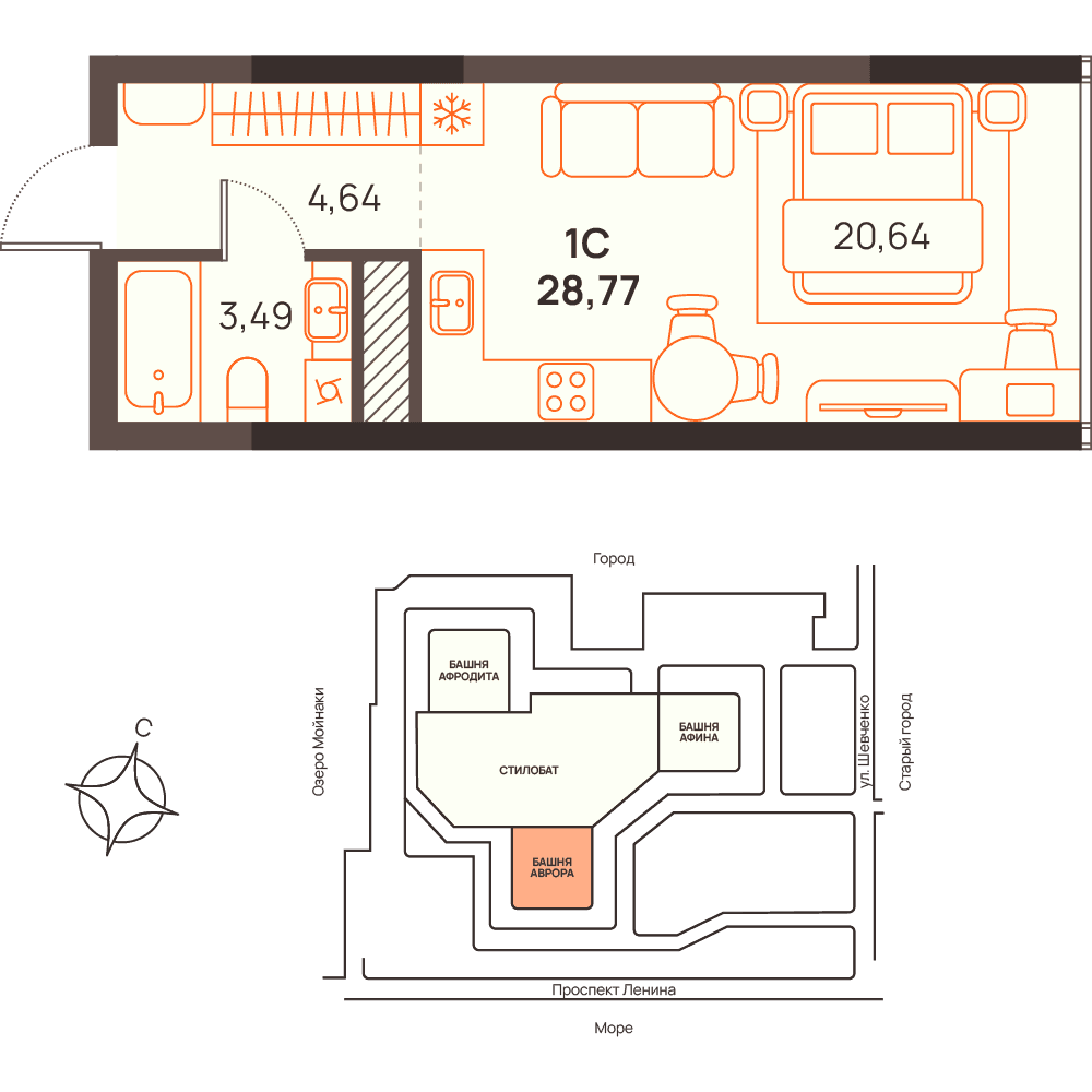 Студия, 28.77 м² · Западный Проспект 82