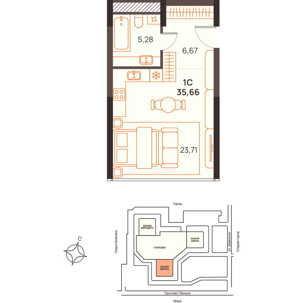 Студия, 35.66 м² · Западный Проспект 82