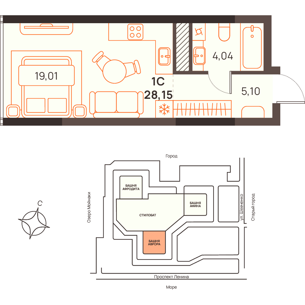 Студия, 28.15 м² · Западный Проспект 82