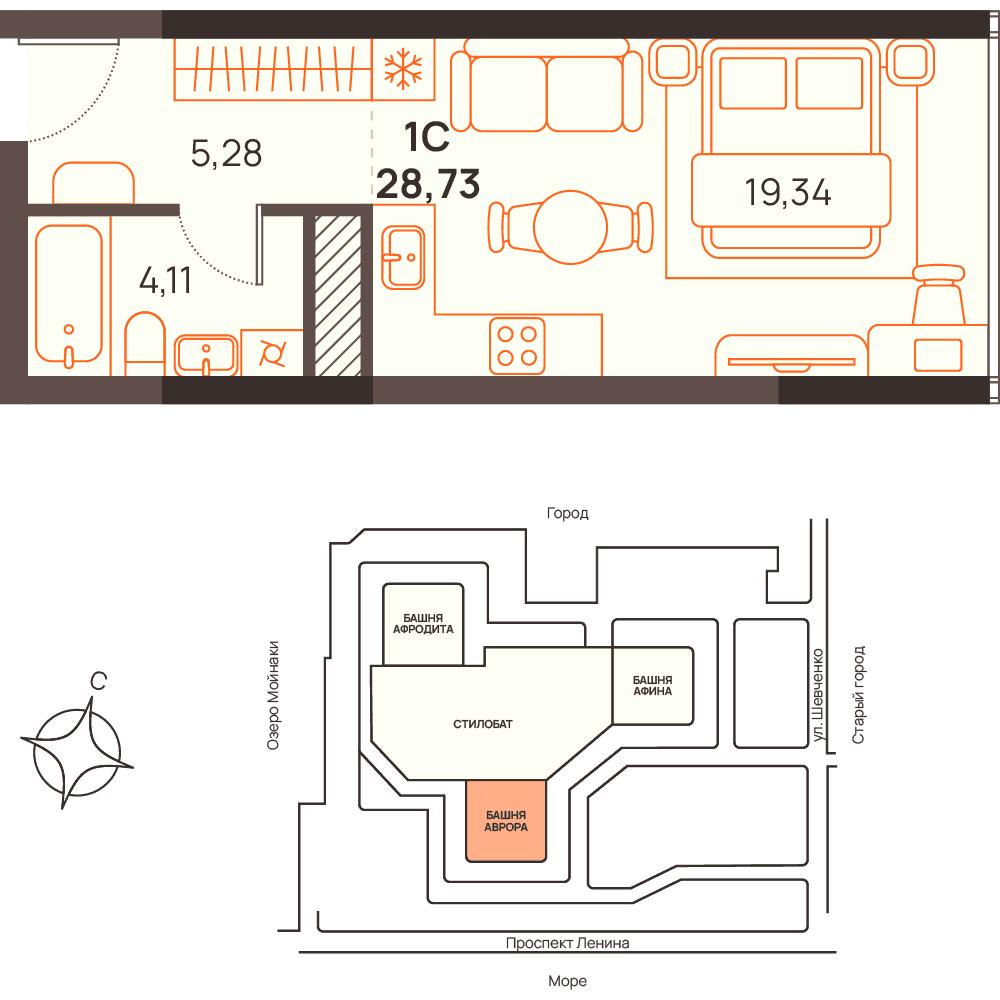 Студия, 28.73 м² · Западный Проспект 82