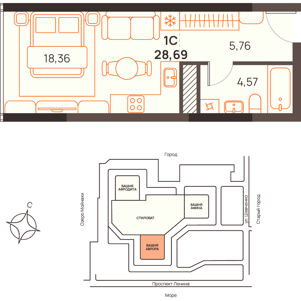 Студия, 28.69 м² · Западный Проспект 82