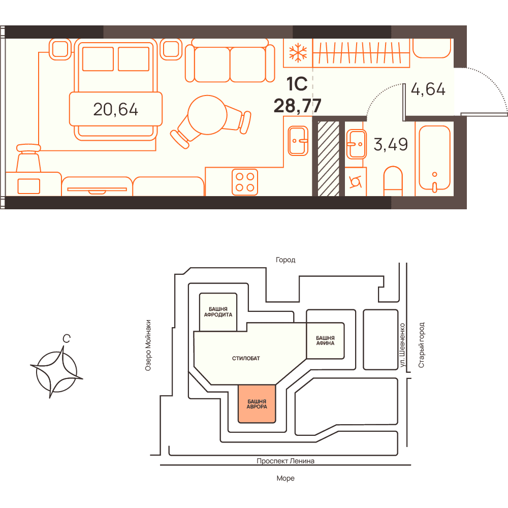 Студия, 28.77 м² · Западный Проспект 82
