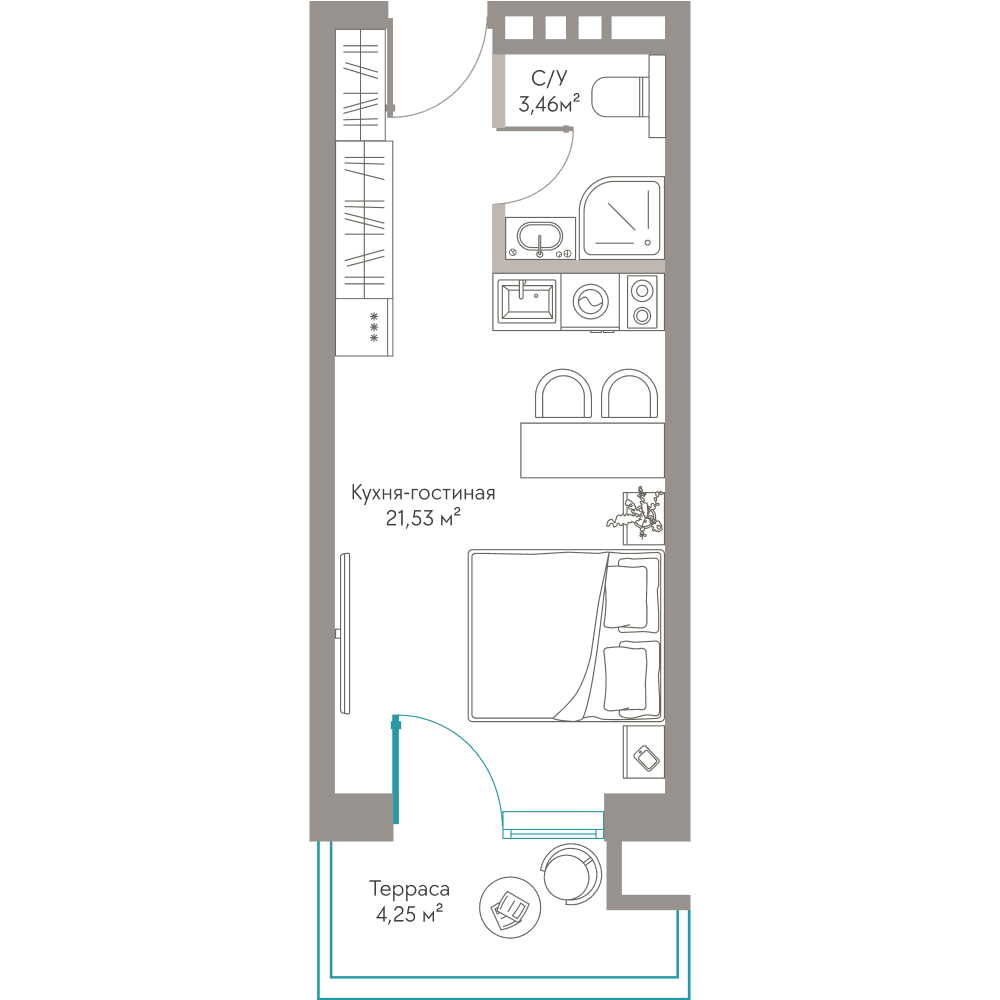 Студия, 29.24 м² · Сансара
