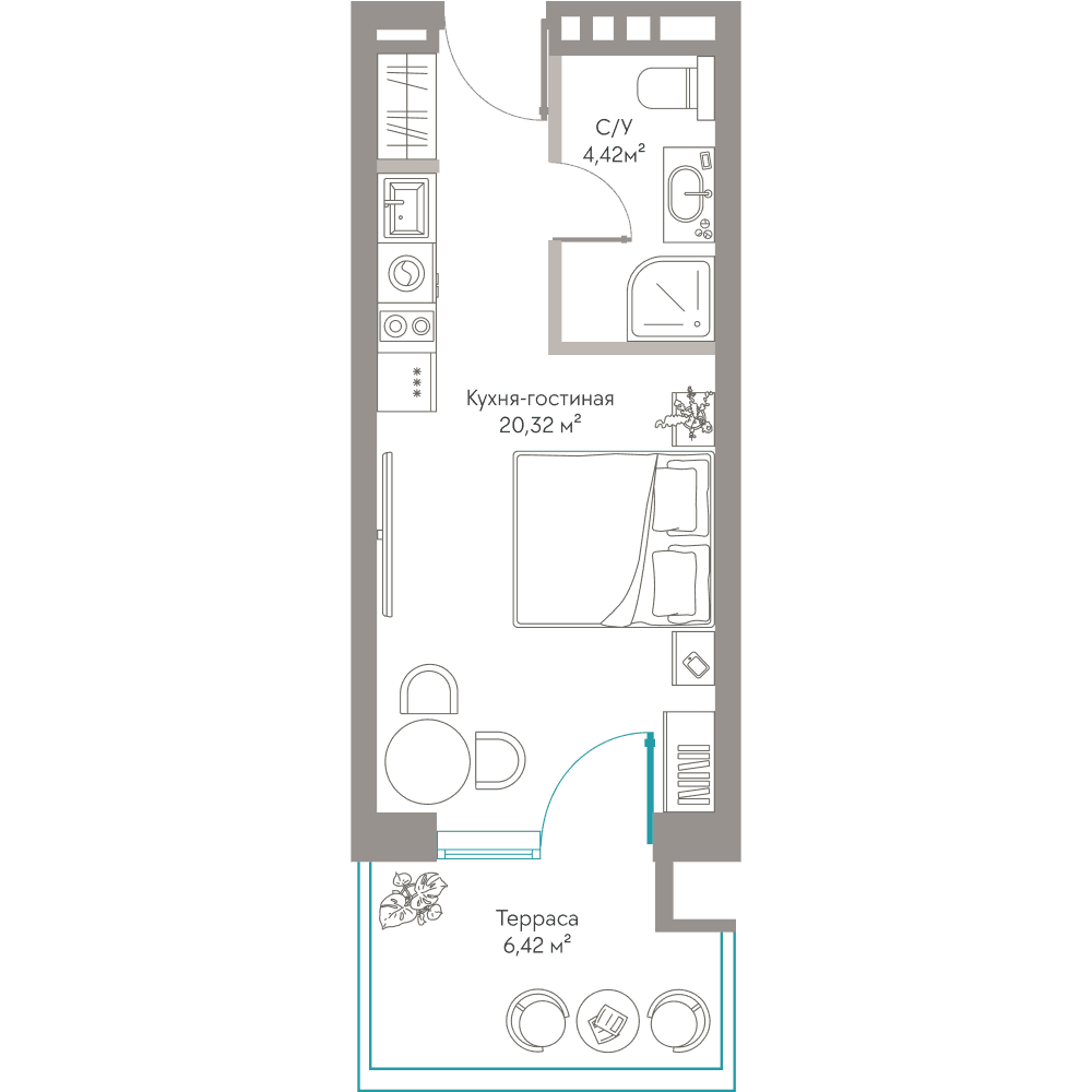 Студия, 31.16 м² · Сансара