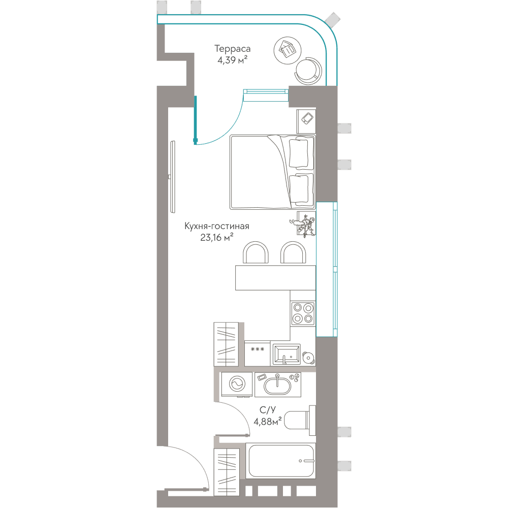 Студия, 32.43 м² · Сансара
