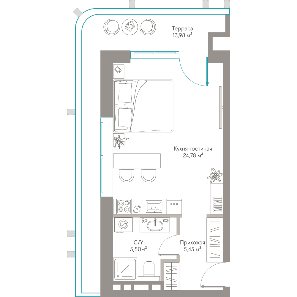 Студия, 49.71 м² · Сансара