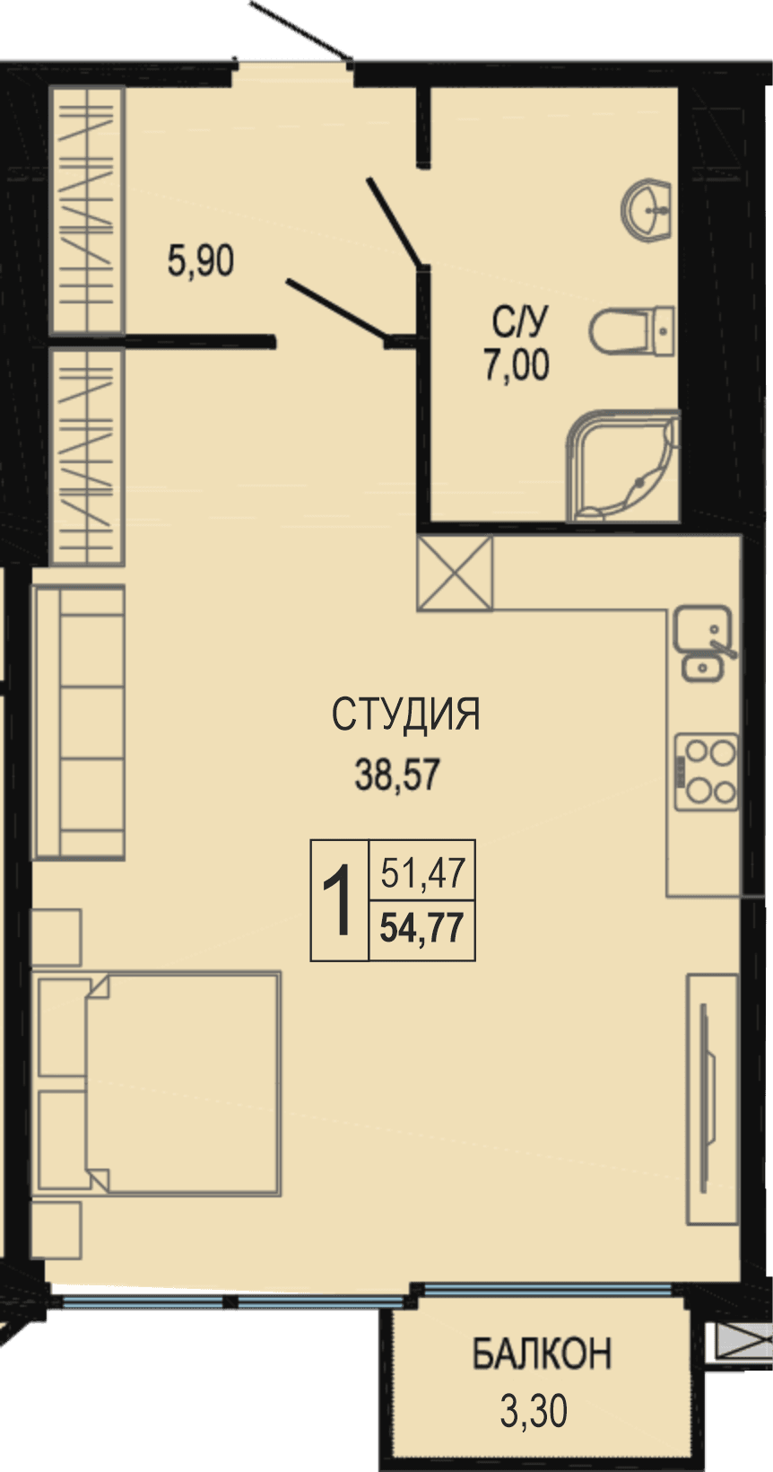 Студия, 57.8 м² · Акватория
