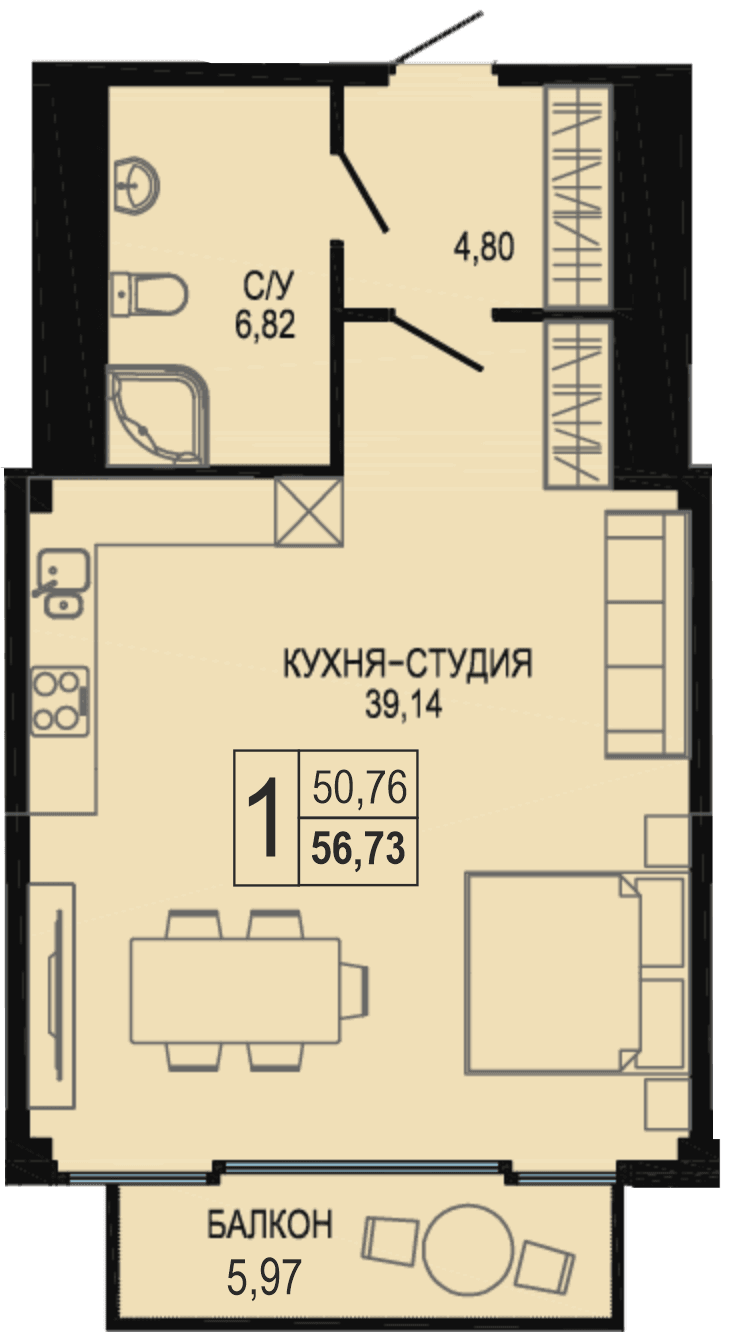 Студия, 57.2 м² · Акватория