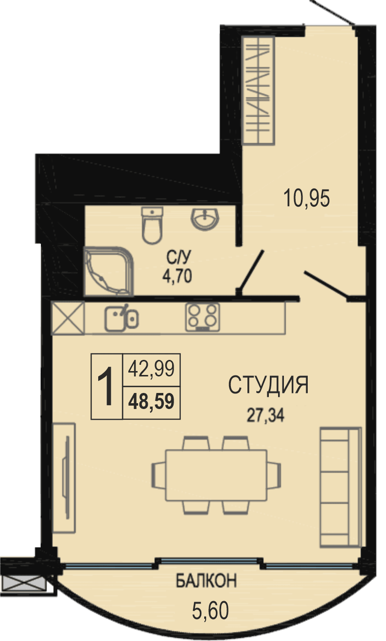 Студия, 47.3 м² · Акватория