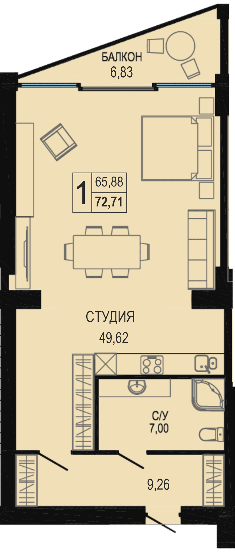 Студия, 74.5 м² · Акватория