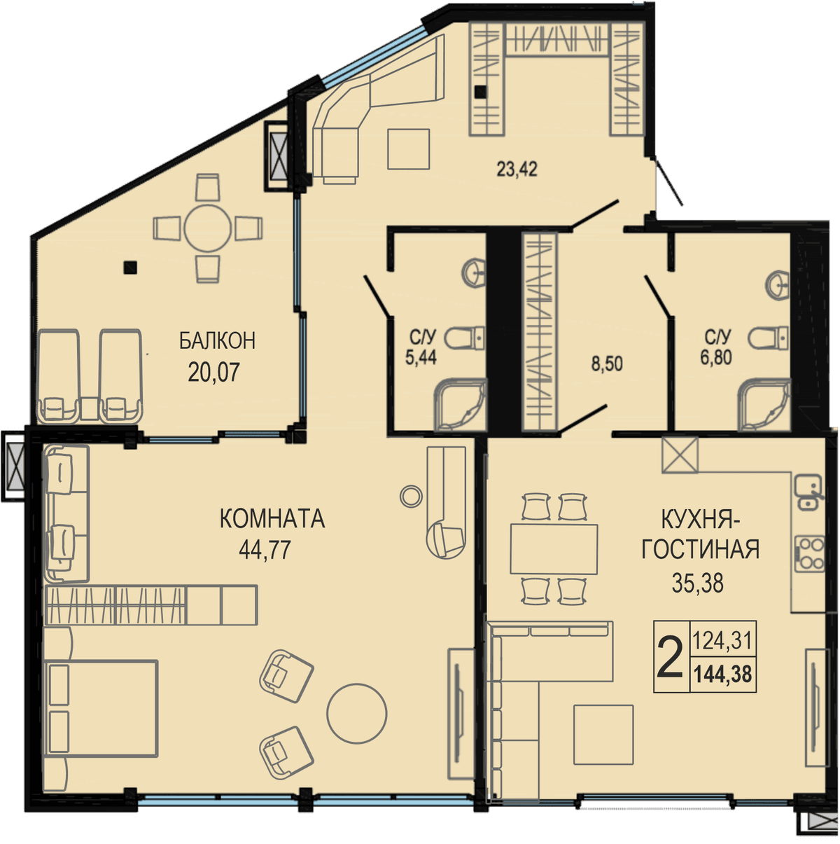Студия, 145.6 м² · Акватория