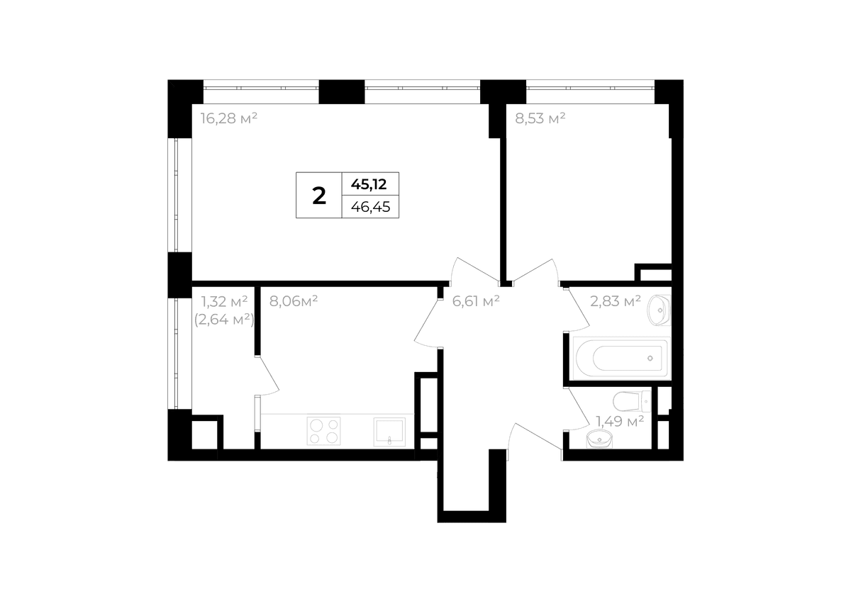 2-к, 45.12 м² · Солнечный