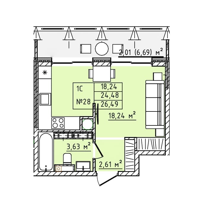 Студия, 26.49 м² · Олимпия 2.0