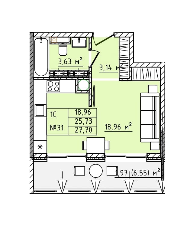 Студия, 27.7 м² · Олимпия 2.0