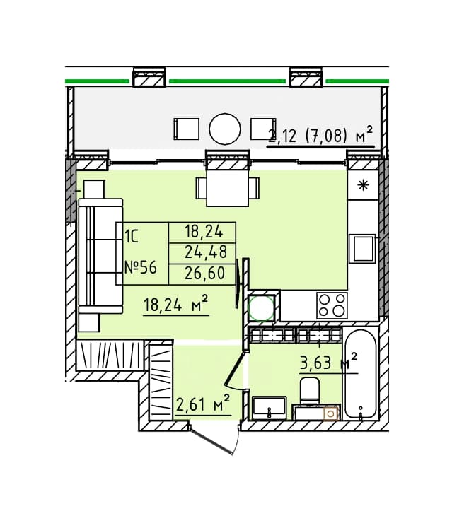 Студия, 26.6 м² · Олимпия 2.0