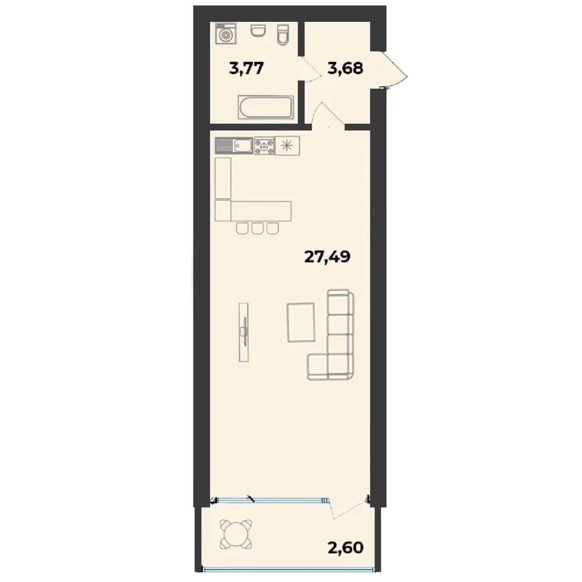 Студия, 37.6 м² · Аквамарин Парк