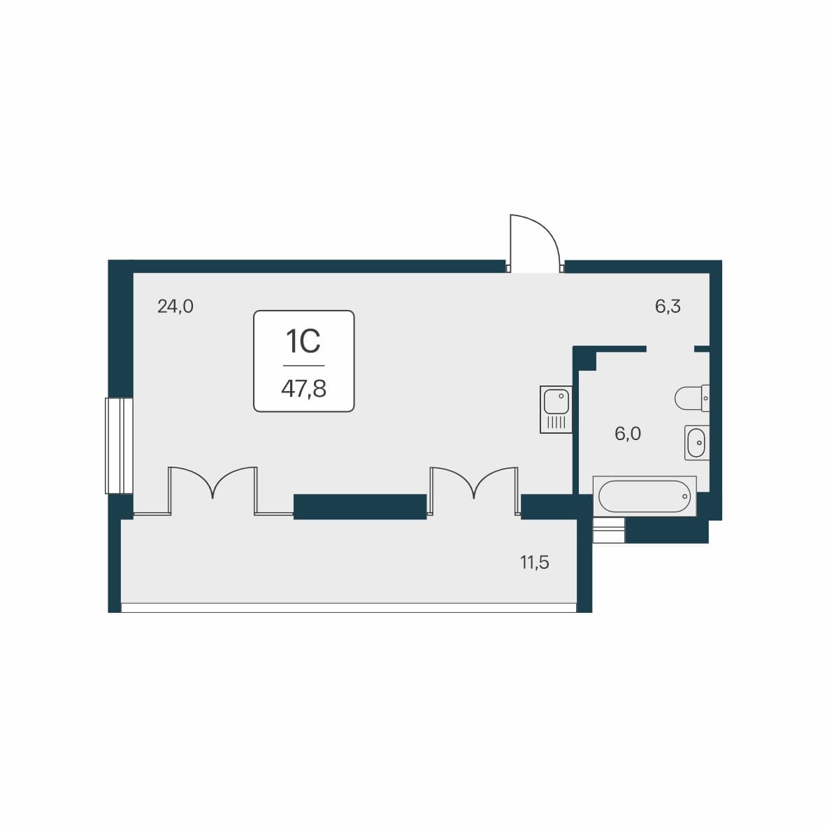Студия, 47.8 м² · Вилла Маяк