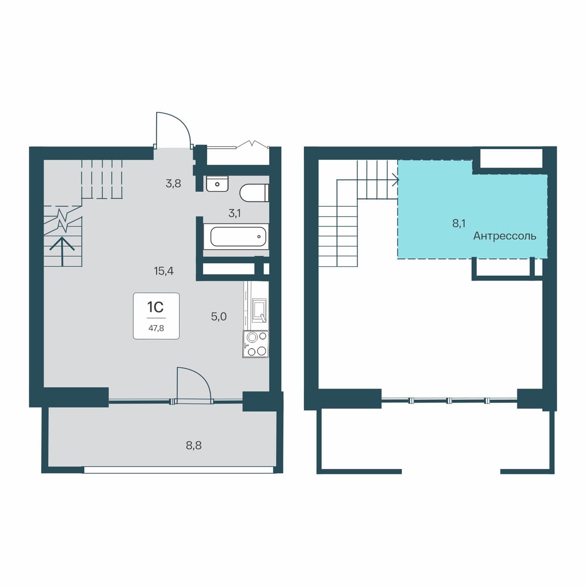 Студия, 47.8 м² · Расцветай Первоцвет