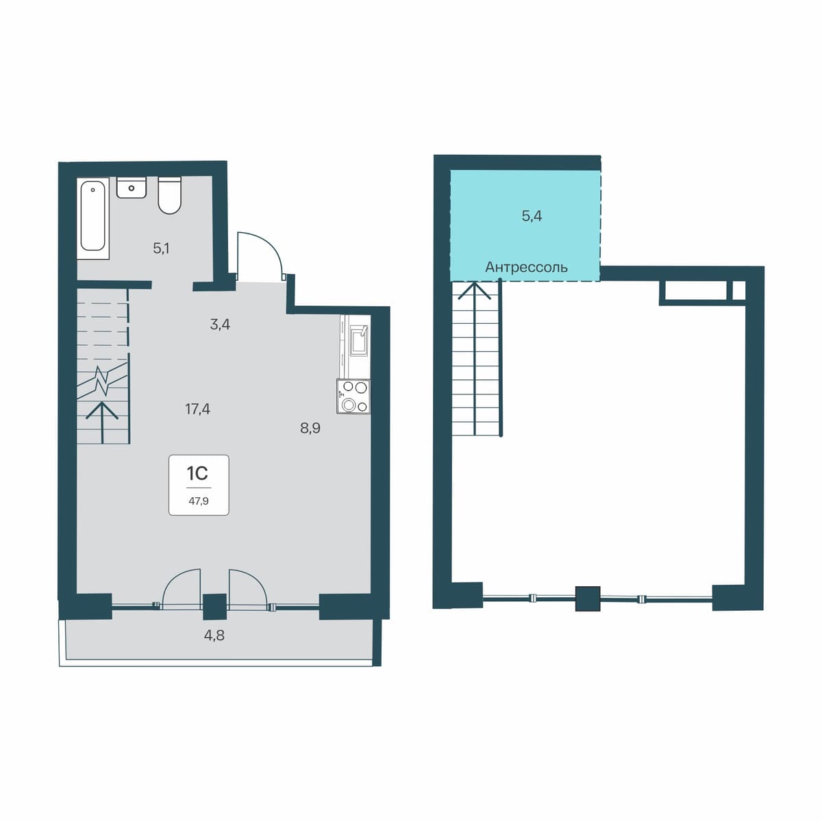 Студия, 47.9 м² · Расцветай Первоцвет