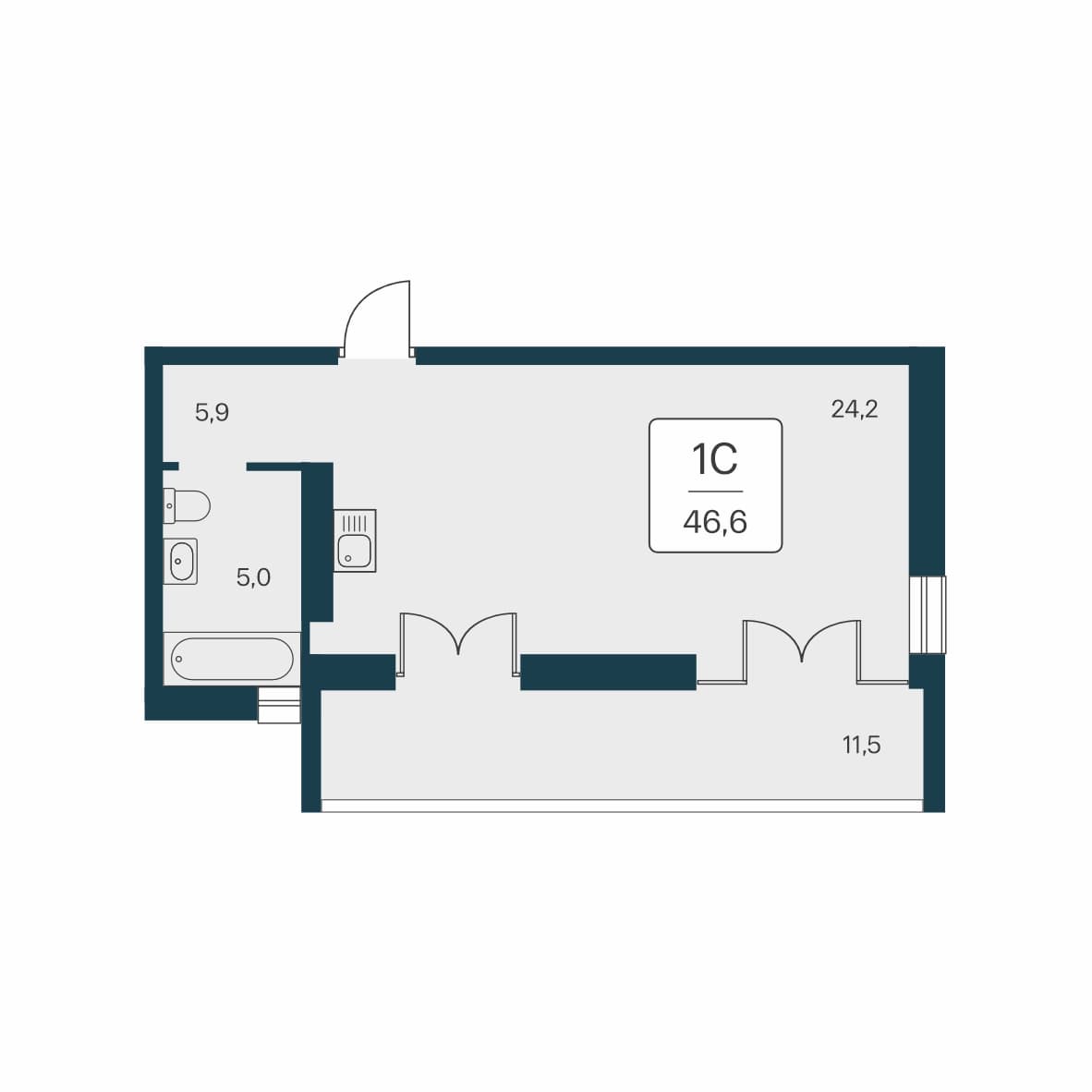 Студия, 46.6 м² · Вилла Маяк