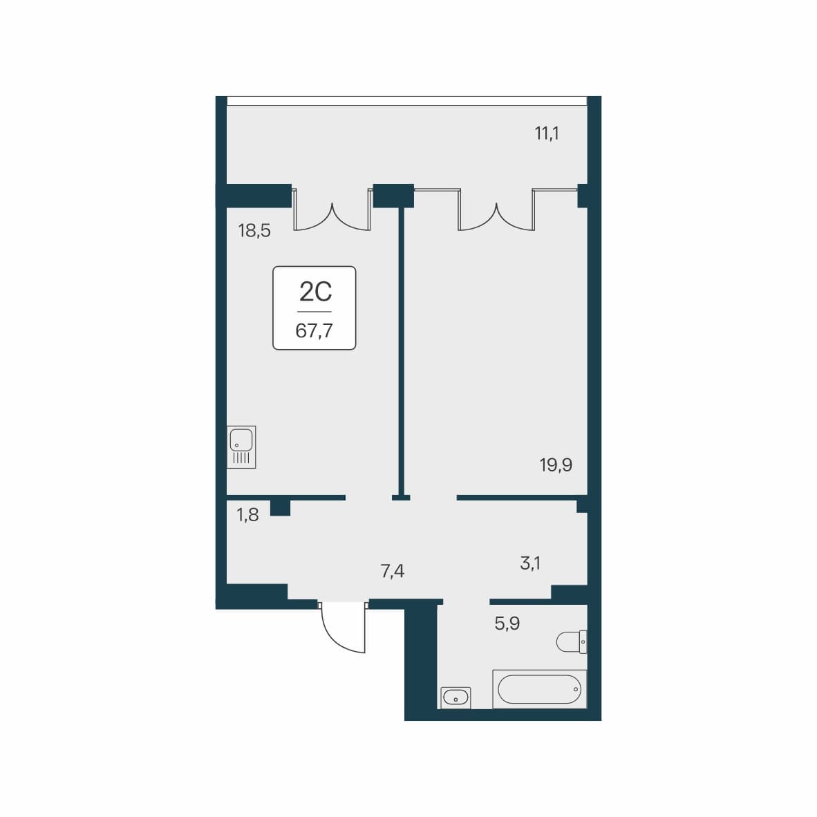 2-к, 67.7 м² · Вилла Маяк